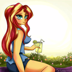 Size: 4096x4096 | Tagged: safe, artist:caliluminos, sunset shimmer, equestria girls, absurd resolution, blushing, clothes, cute, drink, erect nipples, female, flower, food, lemon, nipple outline, pointed breasts, shimmerbetes, shorts, sleeveless, solo, straw