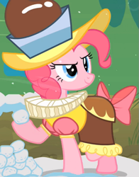 Size: 479x610 | Tagged: safe, screencap, chancellor puddinghead, pinkie pie, earth pony, pony, hearth's warming eve (episode), clothes, costume, ruff (clothing)