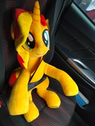 Size: 1536x2048 | Tagged: safe, artist:nekokevin, sunset shimmer, pony, unicorn, car seat, female, irl, mare, photo, plushie, seatbelt, sitting, smiling, solo