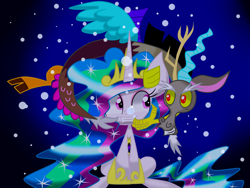 Size: 1600x1200 | Tagged: safe, artist:lovehtf421, discord, princess celestia, alicorn, draconequus, pony, female, horn, male, mare