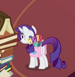 Size: 355x365 | Tagged: safe, screencap, rarity, pony, unicorn, every little thing she does, cropped, female, mare, plot, saddle bag, solo