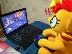 Size: 1024x768 | Tagged: safe, artist:nekokevin, sunset shimmer, pony, unicorn, computer, controller, exclamation point, female, irl, laptop computer, mare, monster hunter, monster hunter world, photo, plushie, sitting, smiling, solo