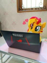 Size: 768x1024 | Tagged: safe, artist:nekokevin, sunset shimmer, pony, unicorn, computer, female, heart, irl, laptop computer, mare, photo, plushie, sitting, smiling, solo