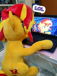 Size: 768x1024 | Tagged: safe, artist:nekokevin, sunset shimmer, pony, unicorn, equestria girls, mirror magic, spoiler:eqg specials, computer, cute, female, irl, laptop computer, lol, mare, photo, plushie, raised hoof, self ponidox, sitting, smiling, solo