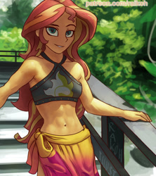 Size: 663x748 | Tagged: safe, artist:raikoh, sunset shimmer, equestria girls, equestria girls series, abs, beach babe, belly button, bikini, bikini top, clothes, colored pupils, cute, female, grin, lidded eyes, looking at you, midriff, sarong, shimmerbetes, sleeveless, smiling, smirk, solo, stairs, summer sunset, swimsuit, toned