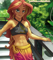 Size: 663x748 | Tagged: safe, artist:raikoh, sunset shimmer, better together, equestria girls, abs, beach babe, belly button, bikini, bikini top, clothes, colored pupils, cute, female, grin, lidded eyes, looking at you, midriff, sarong, shimmerbetes, sleeveless, smiling, smirk, solo, stairs, summer sunset, swimsuit, toned