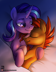 Size: 2000x2548 | Tagged: safe, artist:jedayskayvoker, starlight glimmer, stellar gleam, sunburst, pony, unicorn, beard, bed, bedroom eyes, blanket, coat markings, cuddling, cute, facial hair, gay, gleamburst, half r63 shipping, hug, male, patreon, patreon logo, rule 63, rule63betes, shipping, sleeping, stallion, starburst, sunbetes