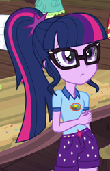 Size: 436x678 | Tagged: safe, screencap, fluttershy, sci-twi, sunset shimmer, twilight sparkle, equestria girls, legend of everfree, camp everfree logo, camp everfree outfits, clothes, cropped, female, glasses, offscreen character, ponytail, shorts