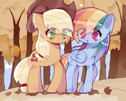 Size: 1000x800 | Tagged: safe, artist:blackwhite, derpibooru import, applejack, rainbow dash, earth pony, pegasus, pony, fall weather friends, appledash, applejack's hat, clothes, cloud, cowboy hat, cute, dashabetes, female, freckles, hat, jackabetes, leaf, leaves, lesbian, mare, open mouth, shipping, sky, tree