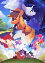 Size: 777x1080 | Tagged: safe, artist:aruurara, derpibooru import, apple bloom, applejack, fluttershy, pinkie pie, rainbow dash, rarity, sweetie belle, twilight sparkle, earth pony, pegasus, pony, unicorn, action poster, bow, cloud, eyes closed, female, filly, freckles, hair bow, hat, lesbian, mane six, mare, open mouth, rarijack, shipping, sky, stars