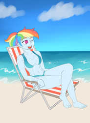 Size: 2800x3800 | Tagged: safe, artist:zachc, derpibooru import, rainbow dash, equestria girls, beach, beach chair, belly button, bikini, clothes, midriff, sitting, sky, swimsuit, wip