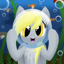 Size: 1500x1500 | Tagged: safe, artist:stellardust, derpibooru exclusive, derpy hooves, fish, pegasus, pony, bubble, chest fluff, cute, derpabetes, female, happy, looking at you, mare, open mouth, seaweed, solo, underwater, water