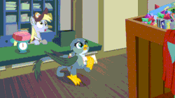 Size: 800x450 | Tagged: safe, screencap, derpy hooves, gabby, dragon dropped, animated, gif, mailmare, nope, post office
