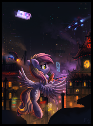 Size: 1511x2048 | Tagged: safe, artist:atlas-66, derpy hooves, pegasus, pony, city, cyberpunk, cyrillic, female, flying, food, groceries, japanese, mare, night, russian, solo, spread wings, wings