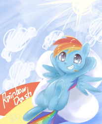 Size: 1000x1214 | Tagged: safe, artist:xshrxshrxshr, derpibooru import, rainbow dash, pegasus, pony, cloud, cloudy, cute, on back, smiling, solo