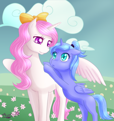 Size: 1600x1700 | Tagged: safe, artist:auriaslayer, princess celestia, princess luna, alicorn, pony, alternate hairstyle, cewestia, colored pupils, cute, cutelestia, female, filly, hair bow, lunabetes, meadow, pink mane, pink-mane celestia, ponytail, royal sisters, woona, younger