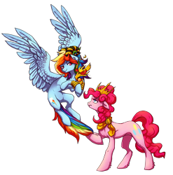 Size: 1667x1685 | Tagged: safe, artist:koviry, derpibooru import, pinkie pie, rainbow dash, earth pony, pegasus, pony, the lost treasure of griffonstone, clothes, costume, crown, horns, idol of boreas, scarf, simple background, transparent background