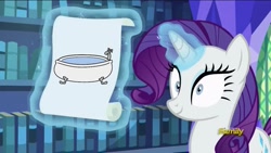 Size: 1366x768 | Tagged: safe, edit, edited screencap, screencap, rarity, pony, unicorn, every little thing she does, bath, bathtub, discovery family logo, drawing, hypnosis, hypnotized, pun, solo, visual pun