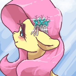 Size: 317x317 | Tagged: safe, artist:yajima, fluttershy, pegasus, pony, bust, hair accessory, hairpin, kanzashi, looking away, portrait, smiling, solo