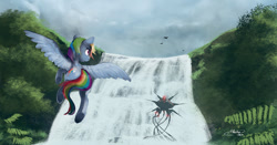 Size: 1256x660 | Tagged: safe, artist:mechagen, derpibooru import, rainbow dash, pegasus, pony, robot, scenery, solo, waterfall