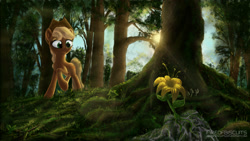 Size: 2560x1440 | Tagged: safe, artist:eriadu, applejack, earth pony, pony, flower, forest, raised hoof, scenery, solo