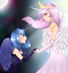 Size: 1024x1097 | Tagged: safe, artist:kitsunewolf95, princess celestia, princess luna, human, holding hands, horned humanization, humanized, nail polish, pink-mane celestia, s1 luna, stars, winged humanization