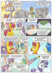 Size: 3485x4900 | Tagged: safe, artist:xeviousgreenii, apple bloom, rarity, sweetie belle, oc, oc:trunkington, oc:zircon glaze, elephant, pony, unicorn, comic:the temple of bloom, comic, cutie mark, monocle, the cmc's cutie marks