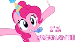 Size: 1191x670 | Tagged: safe, edit, pinkie pie, earth pony, pony, comic sans, happy, photoshop, pregnancy test, pregnant, simple background, solo, vector, white background