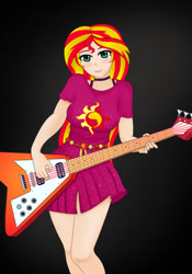 Size: 596x850 | Tagged: safe, artist:anonix123, sunset shimmer, human, better together, equestria girls, spring breakdown, beautiful, clothes, cute, dark background, dress, guitar, human coloration, legs, skirt, smiling, solo