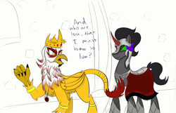 Size: 2415x1556 | Tagged: safe, artist:frikdikulous, derpibooru import, king sombra, oc, oc:lord goddrick, griffon, pony, unicorn, bracelet, colored, crown, dark magic, dialogue, game of thrones, glare, magic, open mouth, simple background, sketch, smirk, sombra eyes