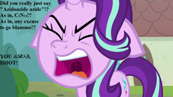 Size: 1280x720 | Tagged: safe, edit, edited screencap, screencap, starlight glimmer, pony, unicorn, the parent map, censored vulgarity, chemistry, chemistry joke, faic, floppy ears, grawlixes, solo, speech, this will end in explosions