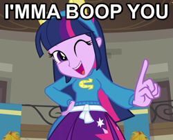 Size: 549x444 | Tagged: safe, derpibooru import, edit, edited screencap, screencap, twilight sparkle, equestria girls, boop, dialogue, female, image macro, imminent boop, solo