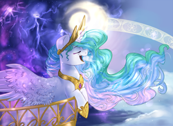 Size: 4000x2907 | Tagged: safe, artist:segraece, princess celestia, alicorn, pony, absurd resolution, magic, singing, smiling, solo, spread wings