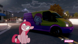 Size: 1280x720 | Tagged: safe, artist:equestianracer, pinkie pie, pony, car, ford, ford transit, ford transit ssv, forza horizon, itasha, night, pinkamena diane pie, solo, van