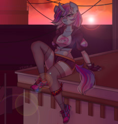 Size: 2843x3000 | Tagged: safe, artist:yuozka, pinkie pie, oc, oc:aqua jewel, anthro, unicorn, belly, city, cityscape, clothes, curved horn, female, gloves, roof, shirt, shoes, shorts, sitting, smiling, smirk, sneakers, stockings, sunset, thigh highs, zettai ryouiki