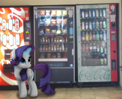 Size: 1688x1368 | Tagged: safe, artist:riniginianna, rarity, coke bottle, irl, magic, photo, ponies in real life, shadow, snacks, soda, solo, vector, vending machine