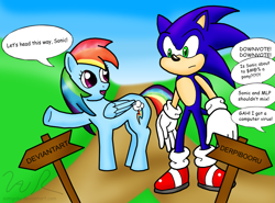 Size: 1715x1268 | Tagged: safe, artist:sonigoku, derpibooru import, rainbow dash, pegasus, pony, clothes, comic sans, derpibooru, deviantart, drama, female, folded wings, frown, gloves, looking at each other, looking back, mare, meta, offscreen character, open mouth, pointing, raised hoof, raised leg, satire, shoes, smiling, socks, sonic drama, sonic the hedgehog, sonic the hedgehog (series), speech bubble