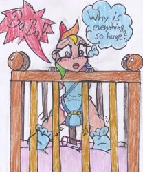 Size: 1897x2277 | Tagged: safe, artist:cuddlelamb, derpibooru import, part of a series, part of a set, rainbow dash, human, age regression, better lock the door, blushing, booties, crib, diaper, humanized, onesie, poofy diaper, traditional art