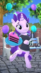 Size: 1080x1920 | Tagged: safe, artist:owlpirate, starlight glimmer, pony, unicorn, 3d, balloon, bipedal, cake, clothes, ear piercing, earring, food, jewelry, piercing, shirt, solo, striped shirt, tattoo