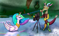 Size: 1200x740 | Tagged: safe, artist:xbi, discord, princess celestia, alicorn, duck pony, pony, angry, camera, celestia is not amused, cloud, discord being discord, frown, glare, nose wrinkle, open mouth, rainbow, scenery, sky, smirk, swanlestia, tabun art-battle finished after, this will end in pain, this will end in petrification, upside down, varying degrees of amusement