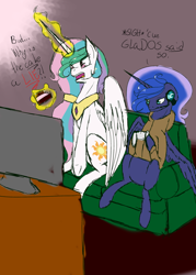 Size: 1024x1434 | Tagged: safe, artist:delirious-artist, princess celestia, princess luna, alicorn, pony, cake, cakelestia, clothes, controller, food, gamer luna, headset, hoodie, portal, portal (valve), royal sisters, sofa, television, the cake is a lie, two best sisters play