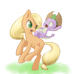 Size: 600x600 | Tagged: safe, artist:ringo, applejack, spike, dragon, earth pony, pony, fall weather friends, dragons riding ponies, duo, female, male, mare, pixiv, riding, rodeo