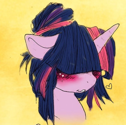 Size: 410x408 | Tagged: safe, artist:dimwitdog, derpibooru import, twilight sparkle, alternate hairstyle, bangs, blushing, bust, covering eyes, cropped, cute, embarrassed, floppy ears, hair over eyes, heart, hidden eyes, hilarious in hindsight, portrait, smiling, solo, teeth