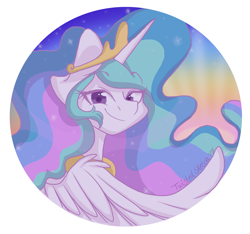 Size: 1280x1198 | Tagged: safe, artist:twisted-sketch, princess celestia, alicorn, pony, button, smiling, smirk, solo, sun