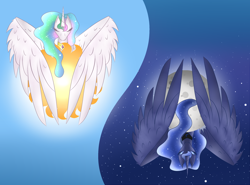 Size: 1024x758 | Tagged: safe, artist:ayameshiromi, princess celestia, princess luna, alicorn, pony, large wings, moon, sun, tangible heavenly object, yin-yang