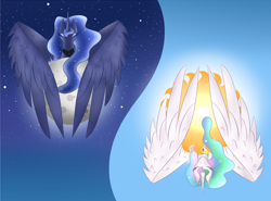 Size: 1024x758 | Tagged: safe, artist:ayameshiromi, princess celestia, princess luna, alicorn, pony, large wings, moon, sun, tangible heavenly object, yin-yang