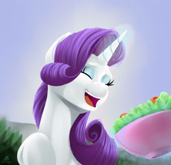 Size: 3300x3200 | Tagged: safe, artist:poecillia-gracilis19, rarity, pony, unicorn, food, laughing, salad, solo