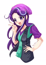 Size: 1600x2264 | Tagged: safe, artist:love2eategg, starlight glimmer, human, equestria girls, mirror magic, spoiler:eqg specials, anime, beanie, clothes, cute, female, glimmerbetes, hat, human coloration, open mouth, simple background, solo, vest, white background