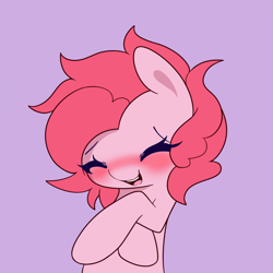 Size: 900x900 | Tagged: safe, artist:joyfulinsanity, pinkie pie, earth pony, pony, blushing, cute, diapinkes, eyes closed, open mouth, ponk, purple background, simple background, smiling, solo