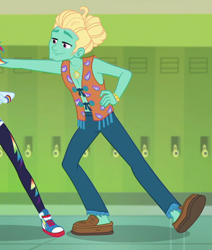 Size: 802x945 | Tagged: safe, derpibooru import, screencap, rainbow dash, zephyr breeze, better together, equestria girls, overpowered (equestria girls), arms, canterlot high, clothes, converse, cropped, hair bun, hippie, lockers, male, manbun, moccasins, no socks, offscreen character, pants, shoes, smiling, sneakers, zephyr's necklace